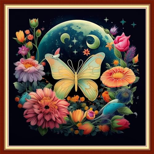 Image of Foxdiviy Stamped Cross Stitch Kits Full Range of Embroidery Needlework Starter Kits for Beginners Adults 11CT Embroidery Patterns Art Crafts DIY Needlepoint Kits-Butterfly Moon 18x18 inch