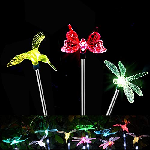 Madowl(Pack of 3) Outdoor Led Solar Light, Solar Garden Stake Light, Waterproof Fairy Lights, Color Changing Butterfly Lights (Butterfly, Bird, Dragonfly)