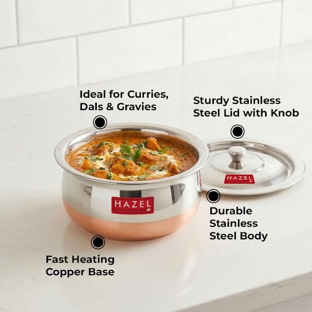 Image of HAZEL Copper Bottom Handi Small 850 ml with Lid | Stainless Steel Cookware Handi | Copper Bottom Vessels for Cooking | Steel Utensils for Kitchen | Small Steel Vessels for Cooking