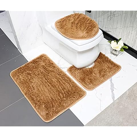 Thicken Bathroom Rugs Sets 3 Piece, Bath Rug + Contour Mat + Toilet Seat Cover, Non-Slip Bathroom Rugs with PVC Point Rubber Backing, Super Long Soft Microfiber Water Absorbent Camel Cover