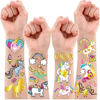 Leesgel 90pcs Glitter Transfer Temporary Unicorn Tattoos for Kids, Unicorn Birthday Festival Halloween Party Supplies Favours Decorations, Childrens Girls Boys Adults Tattoo Sticker for Gift Games