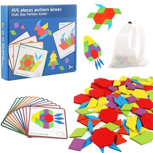 HENGBIRD Geometrische Formen Tangrams Holz Puzzle Spielzeug, 155pcs Holzmuster Blöcke Bunte Hölzerne Intelligenz Puzzle Montessori Lernspielzeug Geschenke für Kinder Vorschule
