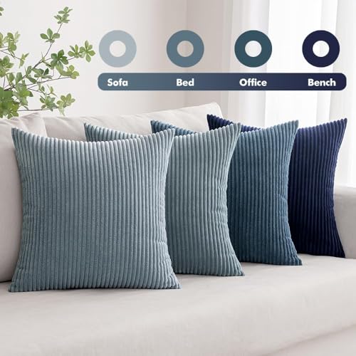 Image of MIULEE Boho Farmhouse Throw Pillow Covers 16x16 Inch Set of 4 Western Neutral Decorative Cushion Covers Soft Modern Coastal Corduroy Spring Decor for Couch Bed Sofa Living Room Dark Blue Navy Series
