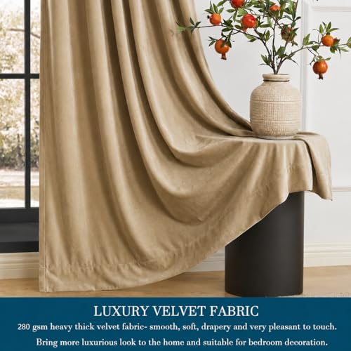 Image of Amazon Brand - Solimo Velvet Curtain Set of 2 (52x48 Inch) Plain Door & Window Curtains for Living Room & Bedroom |75% Light Blocking, Eyelet Curtains for Home Decor in Beige Color (4 feet x 4 feet)