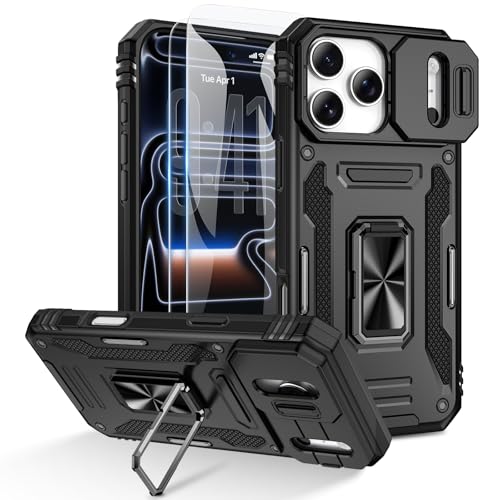 Doeshine Funda para iPhone 17 Pro con 2 Protector Pantalla，[Protección Militar]，Soporte Anillo y Cubierta de Cámara Deslizante, Antigolpes Case para iPhone 17 Pro (Negro) product image
