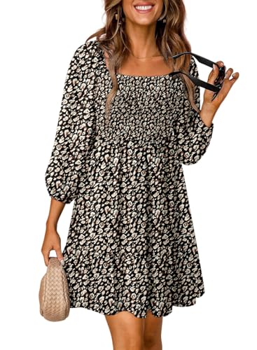 Dokotoo Womens Fall Dresses for Women 2025 Wedding Guest Boho Floral Square Neck 3/4 Sleeve Smocked Empire Waist Ruffle A Line Bohemian Flowy Mini Babydoll Sun Dress Sundress Vacation Black Medium