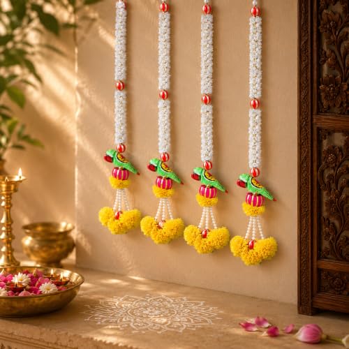Image of Party Propz Parrot Hanging Decoration Items- 4 Pcs,Toran for Main Door, Janmashtami Decorations Items, Wall Decor Items for Varalakshmi Pooja, Artificial Flower, Ganpati Decoration Setup for Home.