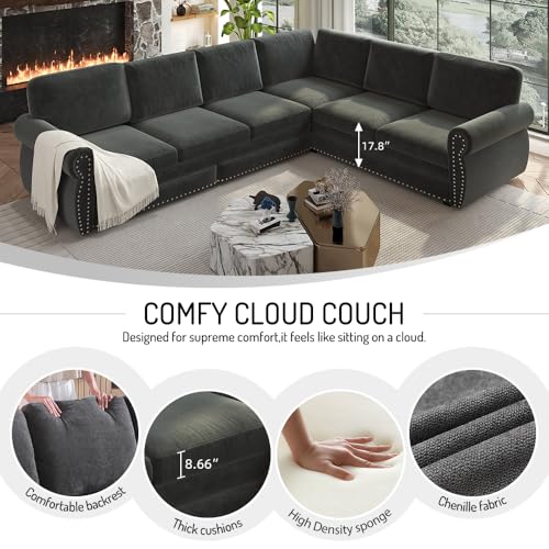 Image of KCGKCG 88.2 inch Sleeper Sofa Bed, Sectional Couches for Living Room /Apartment, Chenille L Shaped Couch with Pull Out Couch Bed, Convertible Sectional Sofa with Rolled Arm & Nailhead Trim, Dark Grey