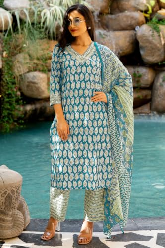 Image of MIRCHI FASHION Women's Straight Fit Pure Cotton Floral Printed Kurta Set with Dupatta and Pant