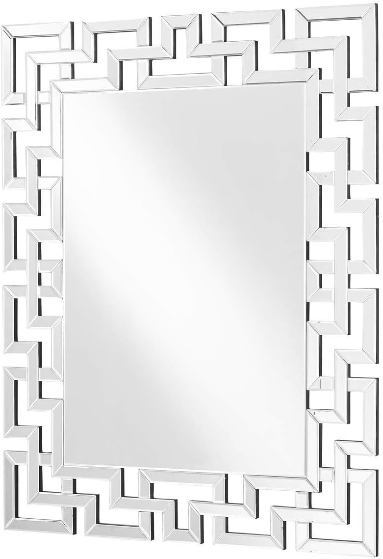 Pemberly Row 47.5" x 37.5" Rectangle Decorative Clear Mirror, Beveled Edge Panels, Contemporary Geometric Design, Elegant Textured Look, MDF Frame, Vertical Wall Mount for Home or Office Decor