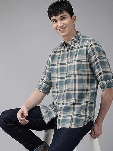 Image of THE BEAR HOUSE Men's Checked Slim Fit Flannel Casual Shirt | Blue & White | TBH-BASTA-BL