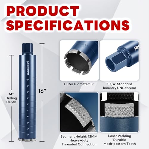 Image of 3 inch Core Drill Bit with Etched Depth Scale - Industrial for Reinforced Concrete, Brick Block, Masonry,1-1 /4 inch-7 UNC,14 inch Drilling Depth, Precision-Welded & Aggressive Sharp 12mm Segments, Wet