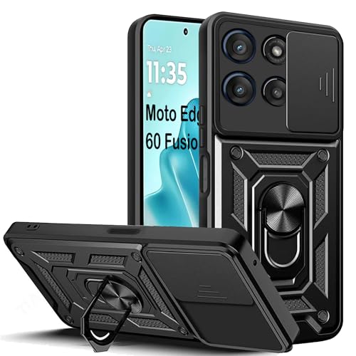 Image of amazon basics Tough Armor Moto Edge 60 Fusion Bumper Back Cover Case | Sliding Camera Cover, Kickstand & Ring Holder | 360 Protection Case for Moto Edge 60 Fusion (PC & TPU, Black)