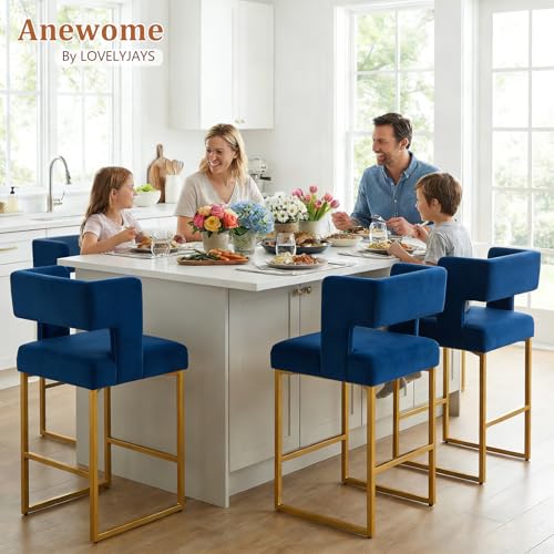 Image of Counter Height Bar Stools Set of 2, Blue Velvet Bar Chair Gold Leg