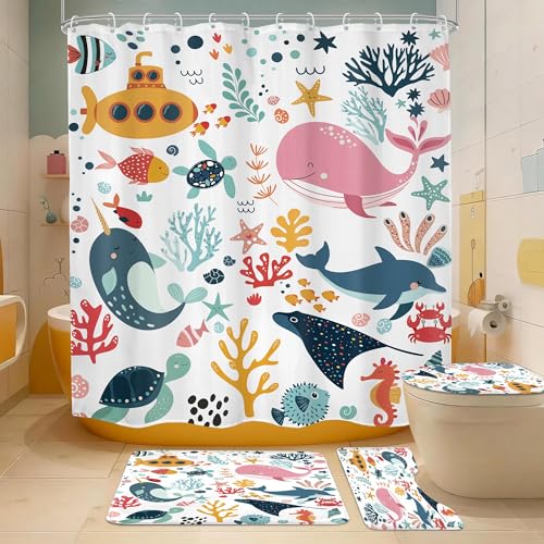 Kids Shower Curtain Set Kid Toddler Ocean Fish Cute Whale Bathroom Set