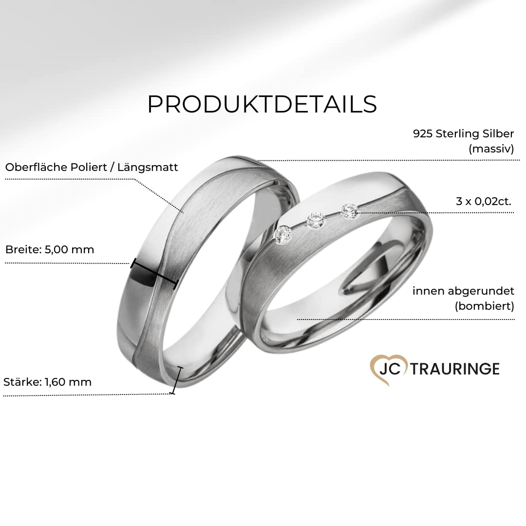 JC Trauringe 925er Sterling Silber Paar-Preis I Eheringe mit kostenfreier Gravur I Partnerringe 5 mm breit inkl. Etui I Damen-Ring mit Zirkonia-Steinen I Größe 48 bis 72 I S060