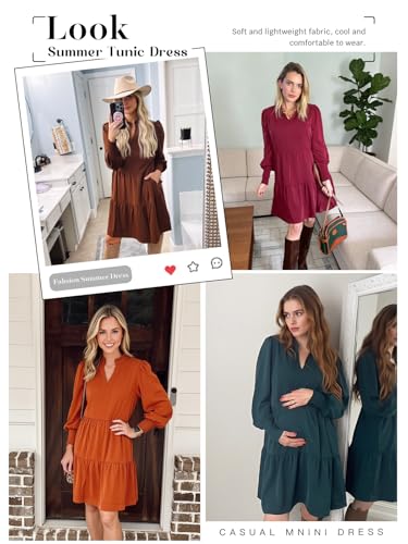 Image of Imily Bela Womens Fall Long Sleeve Tunic Dress Casual V Neck Tiered Dress | Loose,Swing,A-Line,Ruffled Collar,Puff Balloon Sleeve,Smocked Elastic Cuffs,Tiered Layered Ruffle Hem,Babydoll,Loose,Mini