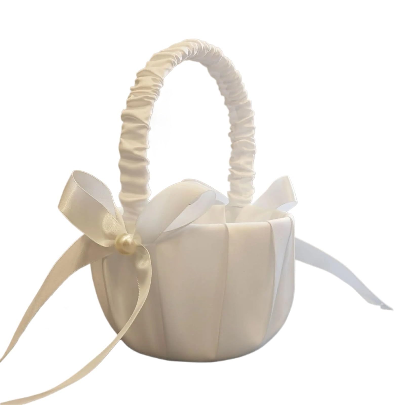 Flower Girl Bow Basket White Satin Pearl