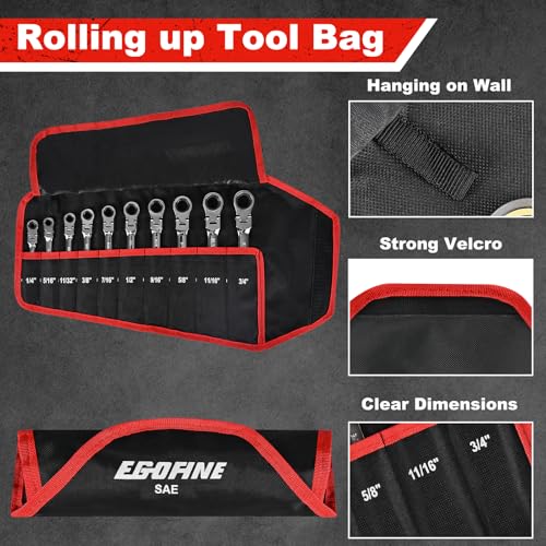 Image of Egofine Flex Head Ratcheting Wrench Set 10 Piece, SAE Wrench Set, CR-V Steel 1 /4 inch to 3 /4 inch Wrench, 72-Teeth Combination wrench set, Chrome plated Ratchet Wrenches Set with Tool Roll Bag