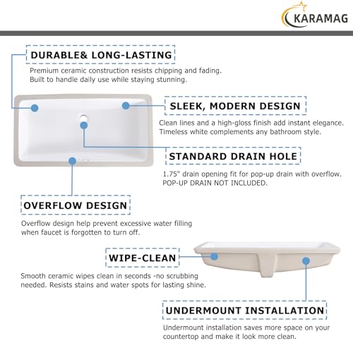 Image of 32 Inch Undermount Bathroom Sink Rectangle Undermount Sink White Ceramic Under Counter Bathroom Sinks with Overflow (31.9 inchx16.5 inch)