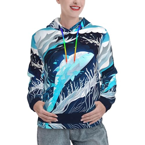 Sweat à capuche femme bleu foncé pull graphique imprimé baleine doux