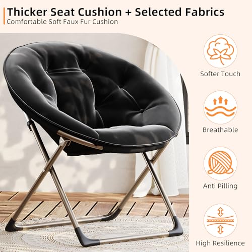 GarveeHome Comfy Oversized Saucer Chair – Soft Plush Fabric Reading Lounger for Adults, Stable X-Large Metal Frame Foldable Accent Lazy Chair for Bedroom, Living Room, Dorm, Office,Black