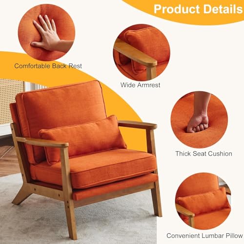 Image of Mid-Century Accent Relax Chair - Wide Armrest Lounge Chair with Linen Fabric with Lumbar Pillow (Orange, 28.3 x 31.5 x 29.5 INCH)