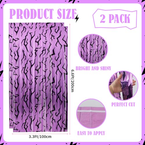 Image of TONIFUL 2Pcs Purple Lightning Bolt Print Metallic Foil Fringe Curtains | 3.3ftx6.6ft Photo Booth Backdrop Door Streamer for Baby Shower Bachelorette Rock Music Themed Birthday Party Decorations