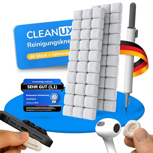 CLEANUX Reinigungsknete Handy Reinigungsset – iPhone Cleaner mit 60 Reinigungsknete-Portionen, Multifunktionswerkzeug & Mikrofasertuch – Ladebuchse Reiniger für AirPods, USB-C & Lautsprecher