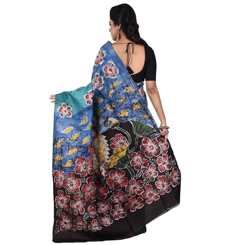 Image of 3stones Women's Mulberry Silk Saree | Printed Handwoven, Hand Batik Pure Saree with Unstiched Blouse Material Piece | Suitable for All Indian Weddings & Festivals | Traditional flower Prints