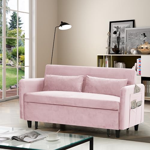 Image of LIANGFU 54" Pull Out Sofa Bed, Velvet Sofa for Small Spaces, Sofa Bed with Two Pillows, Loveseat Sofa, Sofa Sleeper Couch, Convertible Sleeper Sofa, Sofa Bed Couch for Living Room (Pink)