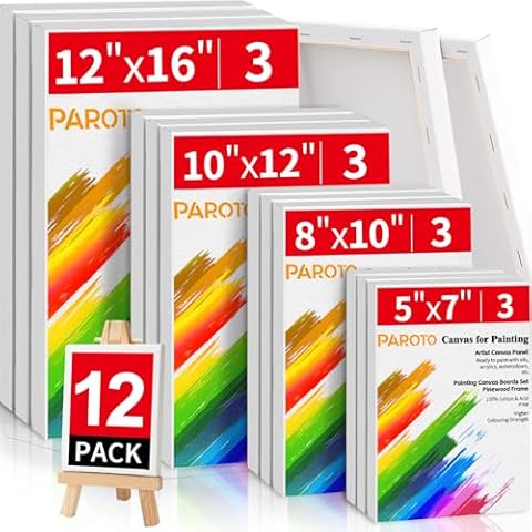 Paroto Canvas for Painting 12 Pack, Multi-Size Painting Canvas Boards Set 5x7, 8x10, 10x12, 12x16 Inches, 100% Cotton Blank Canvas Oil Acrylic Watercolor Pouring Paint for Kids, Beginners, Artists Cover