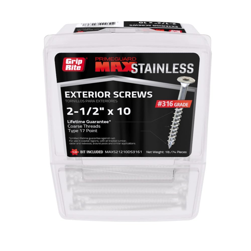 Grip-Rite PrimeGuard Max Deck Screws for Outdoor Projects - Bugle Head - Coarse Thread Wood Screws - T25 Star Drive - 316 Stainless Steel - #10 x 2-1/2" - 5 Lb Box - MAXS21210DS3165