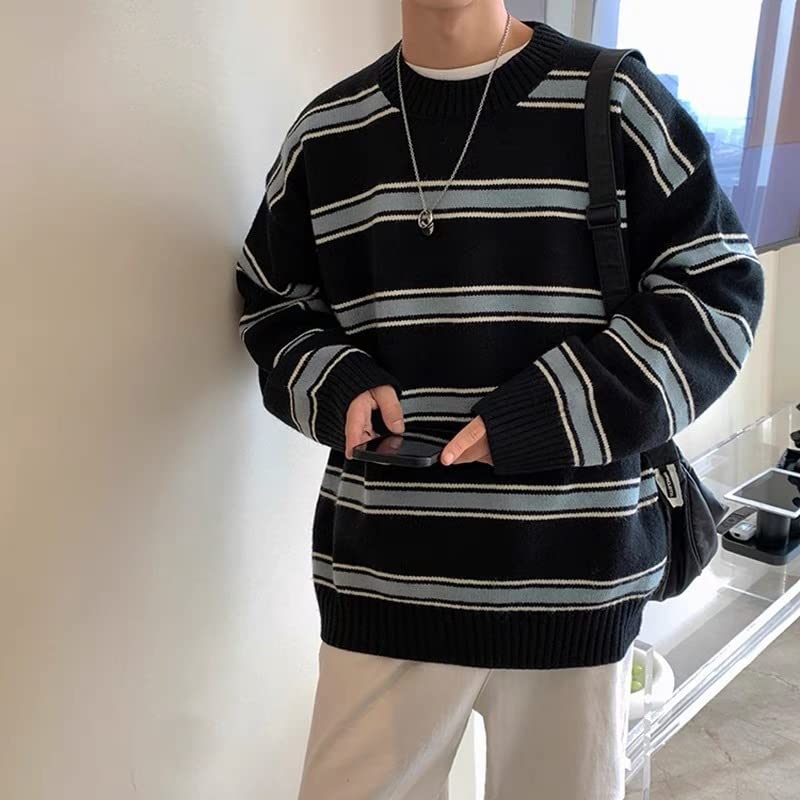 Casual Preppy Stripe Sweater for Men Vintage Aesthetic Oversized Pullovers Round Neck Long Sleeve Sweatshirt2