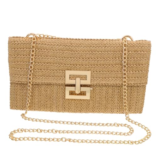 SHERCHPRY Summer Straw Handbag for Women Imitation Straw Clutch Purse Beach Tote Bag Chain Flip Bag