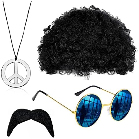 VIKSAUN Hippie Kostüm Set, Mode Afro Perücke, Sonnenbrille, Frieden Zeichen Halskette, Schnauzbart, 60er 70er Jahre Stil für Herren & Damen Fasching Karneval oder auf Festivals Thema Party (4 Psc) Cover