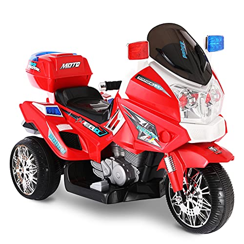 BABLE 12V Kids Ride On Motorcycle, 12V Battery Powered Kids Electric Police Motorcycle Bike, 3 Wheels Kids Ride On Electric Dirt Bike with Music Light,Ride On Toy for 3-7 Years Boys & Girls, Red