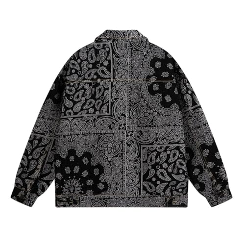 Men's Loose Fit Denim Jacket With Paisley Bandana Print Jacquard Weave Turn-Down Collar Single Breasted Casual Outerwear3