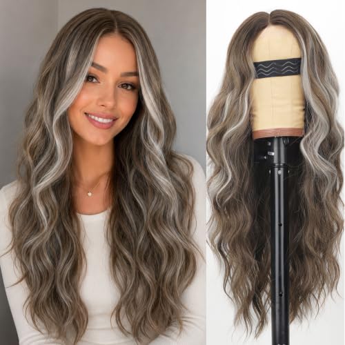 Image of AISI HAIR Ombre Brown Highlight Platinum Blonde Wig for Women, Long Wavy Lace Hairline Middle Part Synthetic Heat Resistant Wig for Daily Party-26 Inch