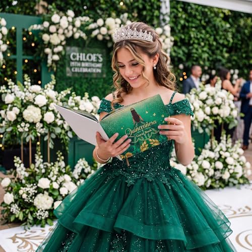 Image of MotiMind Quinceanera Guest Book with Pen 11 x 8 Inch Libro De Firmas Para 15 Anos Quinceanera Leather Hardcover Signature Guest Sign in Book for 15th Party Favors Decoration (Green,Elegant)