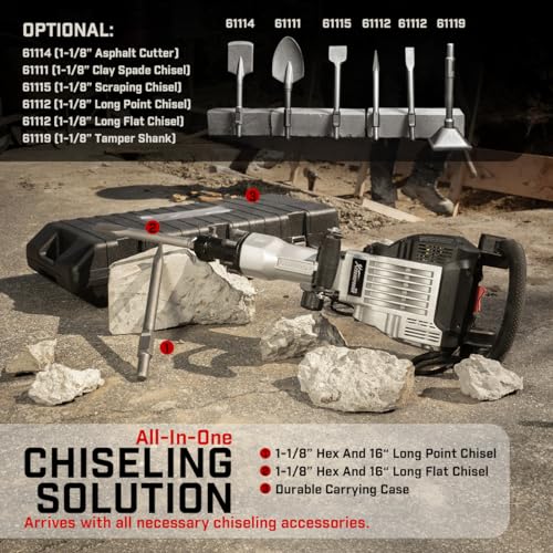 Image of XtremepowerUS 3600W Electric Demolition Jack Hammer Point Chisel Bits Construction Concrete Breaker Punch Drill DIY Floor Drill 2 Chisel Bits (Flat Chisel & Point Chisel) with Case
