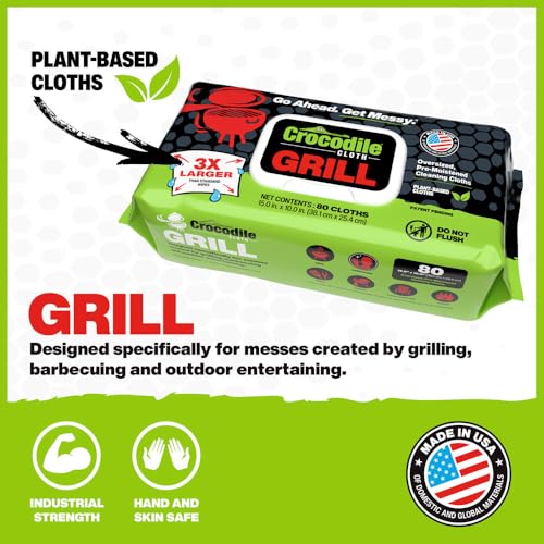 Image of Crocodile Cloth Grill - 80 (15 inch x 10 inch) Plant-based Cleaning Wipes. Safe on Skin & Multiple Surfaces. Infused with Aloe & Vitamin E. Large, Pre-Moistened & Absorbent.