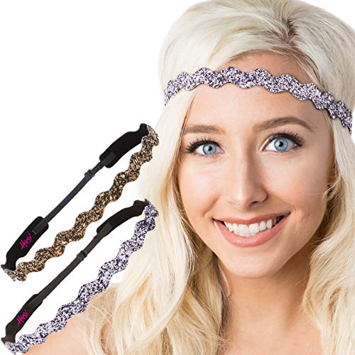 Hipsy Adjustable Non Slip Gunmetal Cute Fashion Bling Glitter Hair Headbands for Women Girls & Teens (Wave Gunmetal & Brown 2pk)