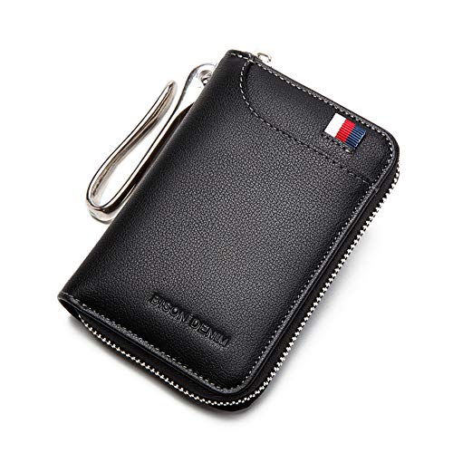 Preisvergleich Produktbild BISON DENIM Echtes Leder Schlüsselmappe Schutz Schlüsseletui für Auto Schlüsselbund Geldkarte Brieftasche Schlüssel Organizer Tasche für Herren und Damen, Schwarz