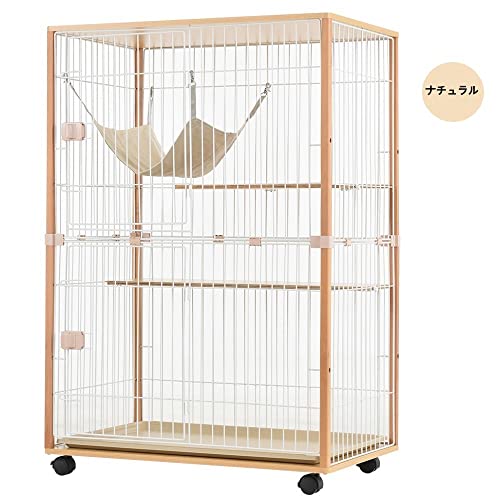 猫 ケージ 木製 キャットハウス スチール 二段 多頭飼い 脱走防止 留守番 保護 広い棚板 ハンモック付き 引き出しトレー キャスター付き