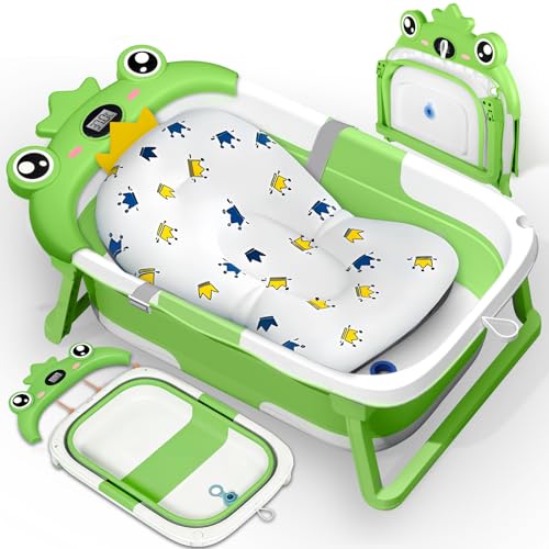 TEBOKHAD Vaschetta Bagnetto Neonato, Vasca Neonato Bagnetto Pieghevole Con Cuscino Da Bagno, Vaschetta Bagno Neonato Con Termometro E Foro Di Scarico, Regalo per La Nascita Bambino(Verde A)