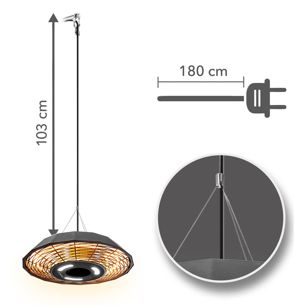 TROTEC Promiennik podczerwieni IR 2010 SC – moc grzewcza 2000 W – promiennik sufitowy do patio, balkonu lub cateringu na zewnątrz, z pilotem, oświetlenie LED