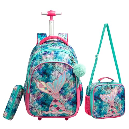 Mochila Rodinha Escolar Infantil de Lancheira e Estojo Lápis Ideal para Meninos e Meninas de 7 a 12 Anos (sereia01)