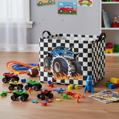 Image of Rectangular Baby Kids Storage Basket for Home Kitchen Girls Cute Toy Storage Bin Organizer Shelf Book Room Decor(Checkered Truck)