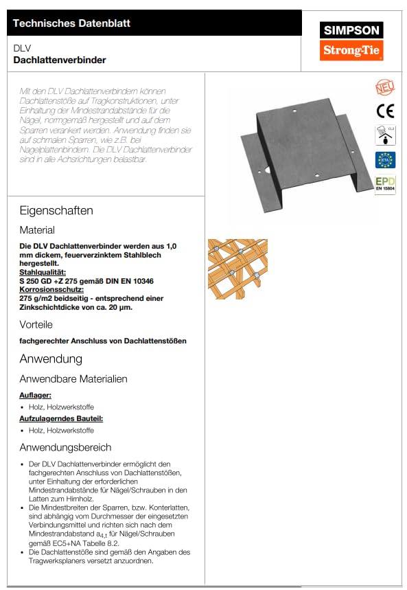Simpson Strong-Tie Dachlattenverbinder DLV | Verzinkt | Für Dachlattenstoß (50, 40 x 60 mm)